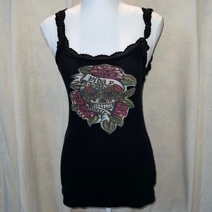 Lucky Black Day of the Dead/Lace Tank Top. Size L.